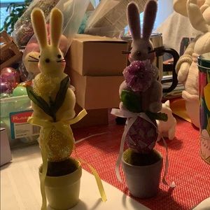 2 ceramic and fabric Easter bunny topiary deco